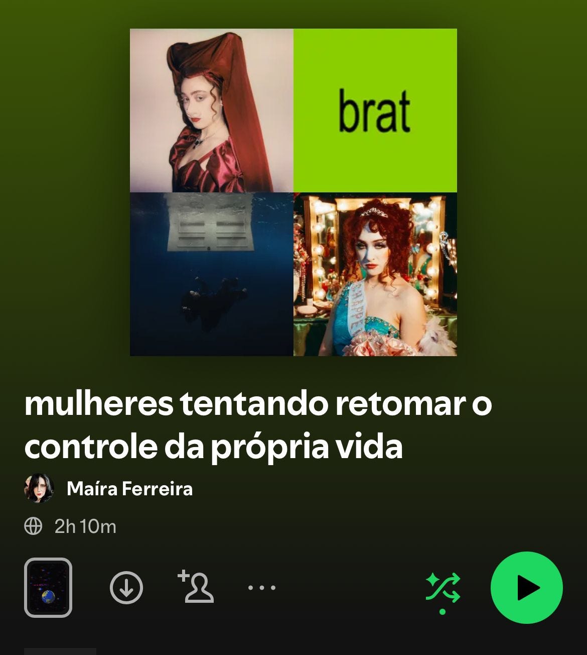 Print de uma playlist criada no Spotify, com o nome: "mulheres tentando retomar o controle da própria vida"