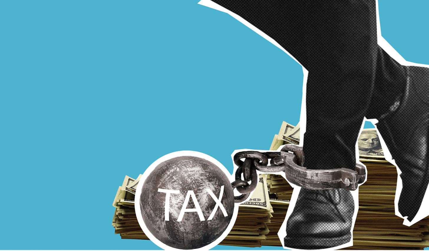 Decorative illustration of man walking in shackle with Tax inscription Decorative illustration of man walking in shackle with Tax inscription