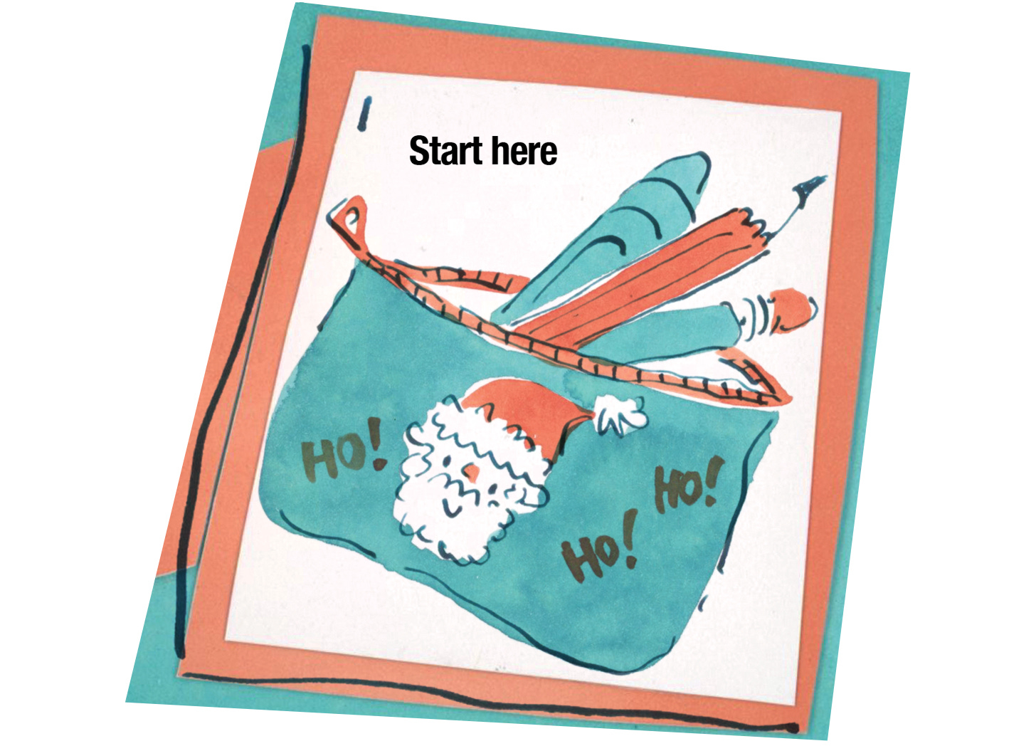 Illustration on a single square of board game. Text reads Start Here. Image of pencils coming out of pencil case with Father Christmas face on the front