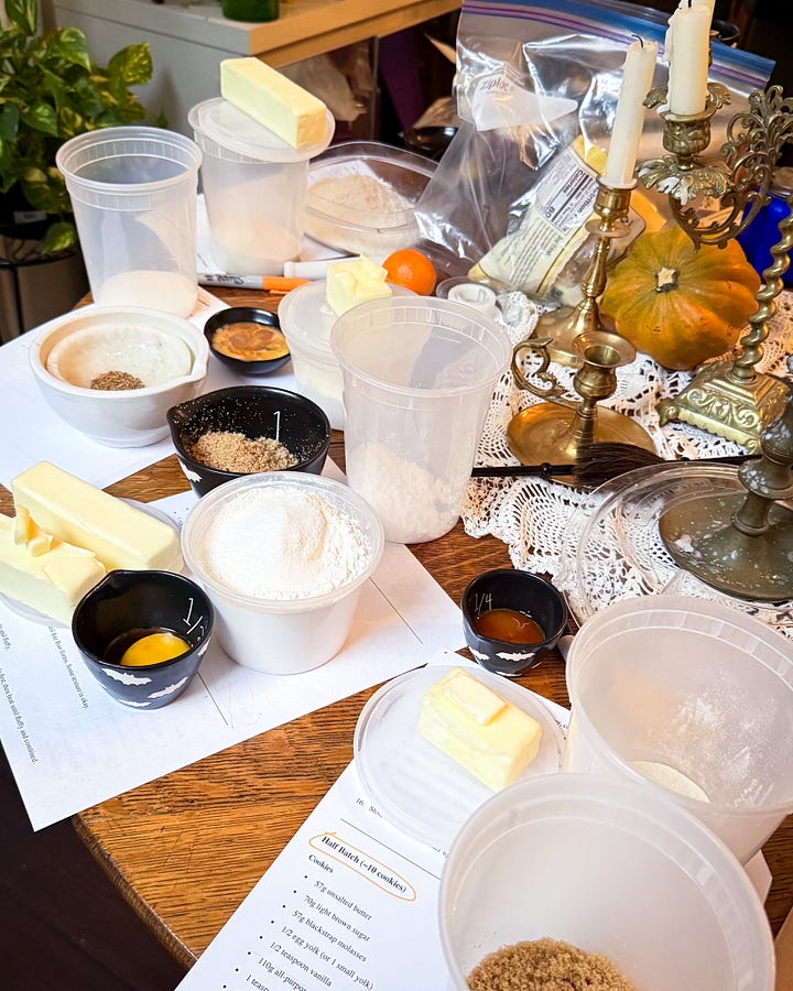 Shot of ingredients laid out and finished batched dough, labeled to chill.