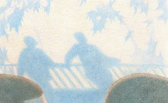 This may contain: two people are sitting on a bench in the sun with their shadows projected over them This may contain: two people are sitting on a bench in the sun with their shadows projected over them