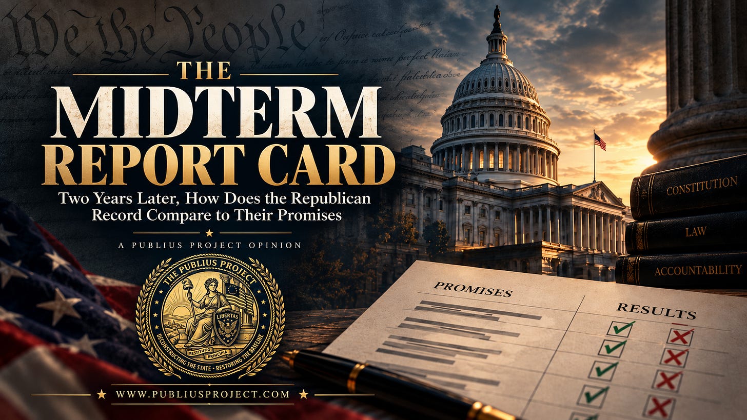 Editorial graphic titled “The Midterm Report Card: Two Years Later, How Does the Republican Record Compare to Their Promises?” featuring the U.S. Capitol at sunset, the Constitution in the background, an American flag, books labeled Constitution, Law, and Accountability, and a report sheet comparing promises with mixed checkmarks and Xs. The Publius Project seal and PubliusProject.com appear at the bottom. Editorial graphic titled “The Midterm Report Card: Two Years Later, How Does the Republican Record Compare to Their Promises?” featuring the U.S. Capitol at sunset, the Constitution in the background, an American flag, books labeled Constitution, Law, and Accountability, and a report sheet comparing promises with mixed checkmarks and Xs. The Publius Project seal and PubliusProject.com appear at the bottom.
