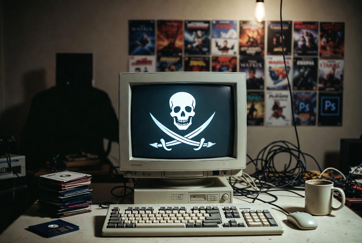 A stock photo of a 1990s internet piracy scene with a cluttered desk, pirate flag, and nostalgic elements. A stock photo of a 1990s internet piracy scene with a cluttered desk, pirate flag, and nostalgic elements.