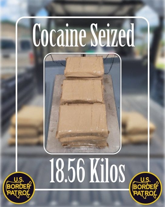 This large cocaine load was seized by US Border Patrol Agents at the Falfurrias, Texas, checkpoint on May 20, 2026. (US Border Patrol photo & graphic) This large cocaine load was seized by US Border Patrol Agents at the Falfurrias, Texas, checkpoint on May 20, 2026. (US Border Patrol photo & graphic)