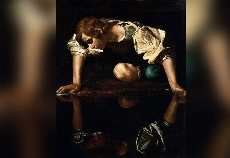 Narcissus painting by Caravaggio, depicting Narcissus gazing upon the water after falling in love with his own reflection