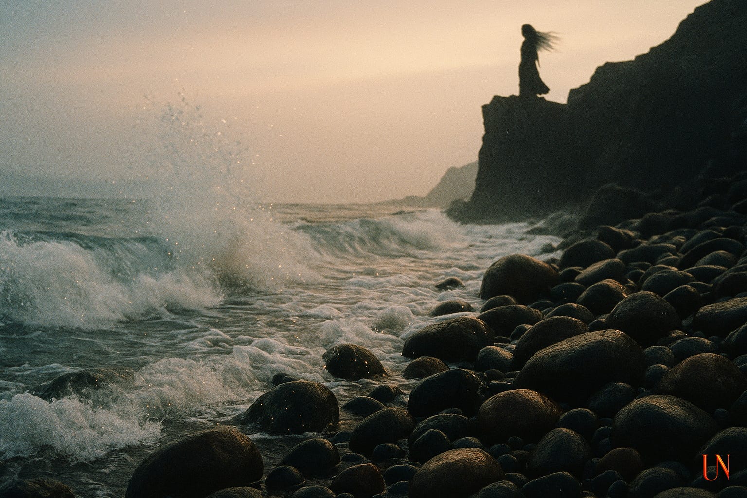 A lone figure stands on a cliff above the ocean at sunset, long hair blowing in the wind. Waves crash against the rocks below, water spray suspended mid-air in the golden light. The shoreline is scattered with dark stones, the horizon glowing pink and amber through mist. A lone figure stands on a cliff above the ocean at sunset, long hair blowing in the wind. Waves crash against the rocks below, water spray suspended mid-air in the golden light. The shoreline is scattered with dark stones, the horizon glowing pink and amber through mist.
