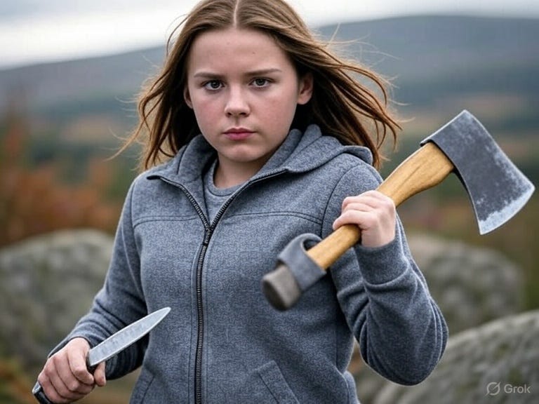 Little girl brandishing knife and axe in self defence
