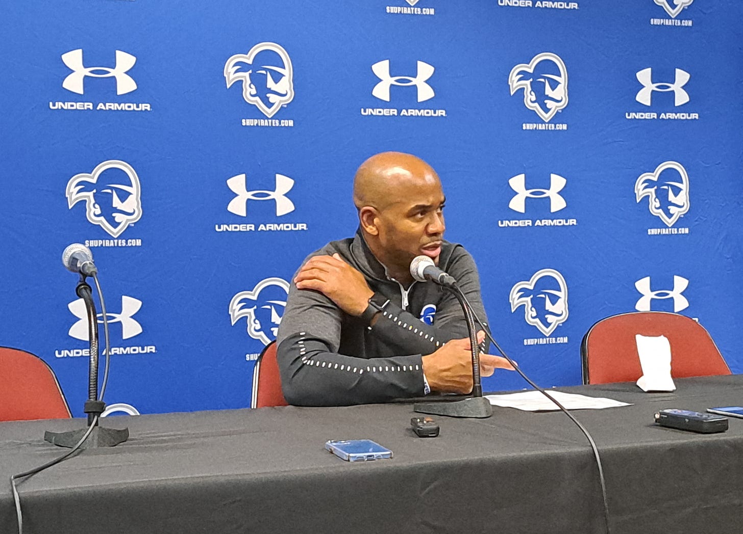 Seton Hall coach Shaheen Holloway speaks to reporters after beating Monmouth on Nov. 9, 2022. (Photo by Adam Zielonka) Seton Hall coach Shaheen Holloway speaks to reporters after beating Monmouth on Nov. 9, 2022. (Photo by Adam Zielonka)