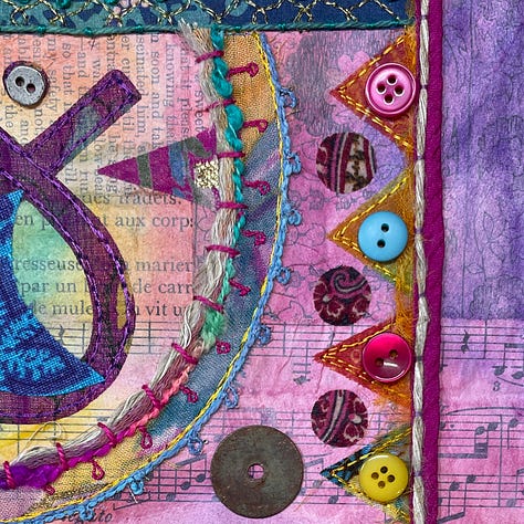 Painted paper collage with fabric collage and embroidery