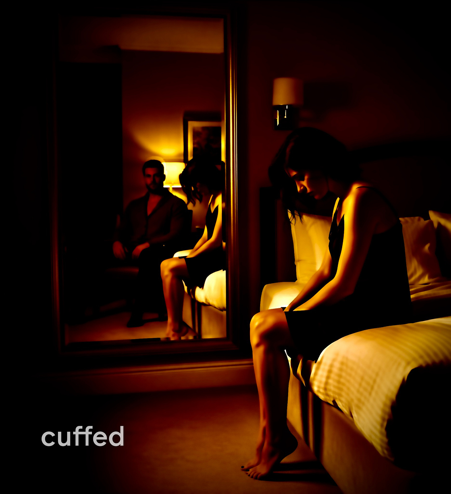 A woman in a black dress sits on the edge of a bed, head bowed, bathed in warm, moody lighting. In the mirror behind her, a man sits across the room watching silently. The scene is emotionally charged, evoking tension, withdrawal, and silent collapse. Visual for cuffed musing no. 21.