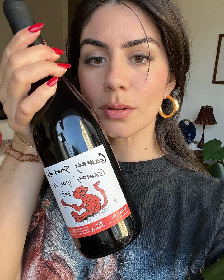Picture 1: dinner table set with short rib and polenta dinner, bottle of wine set at the center of the table. Picture 2: a woman holding a bottle of French Gamay wine.