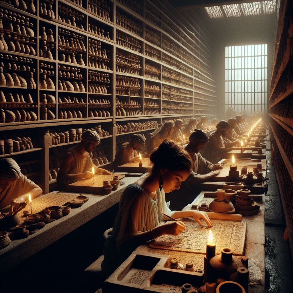 Interior of the Scribes' Chamber in the Temple of Nanna, Ur. The room is dimly lit by flickering oil lamps. Wooden shelves holding clay tablets line the walls, and scribes are engrossed in their work, pressing styluses into fresh clay. In the midst of them, a female scribe named Nisaba is carefully eavesdropping, her face showing a blend of concentration and intrigue.