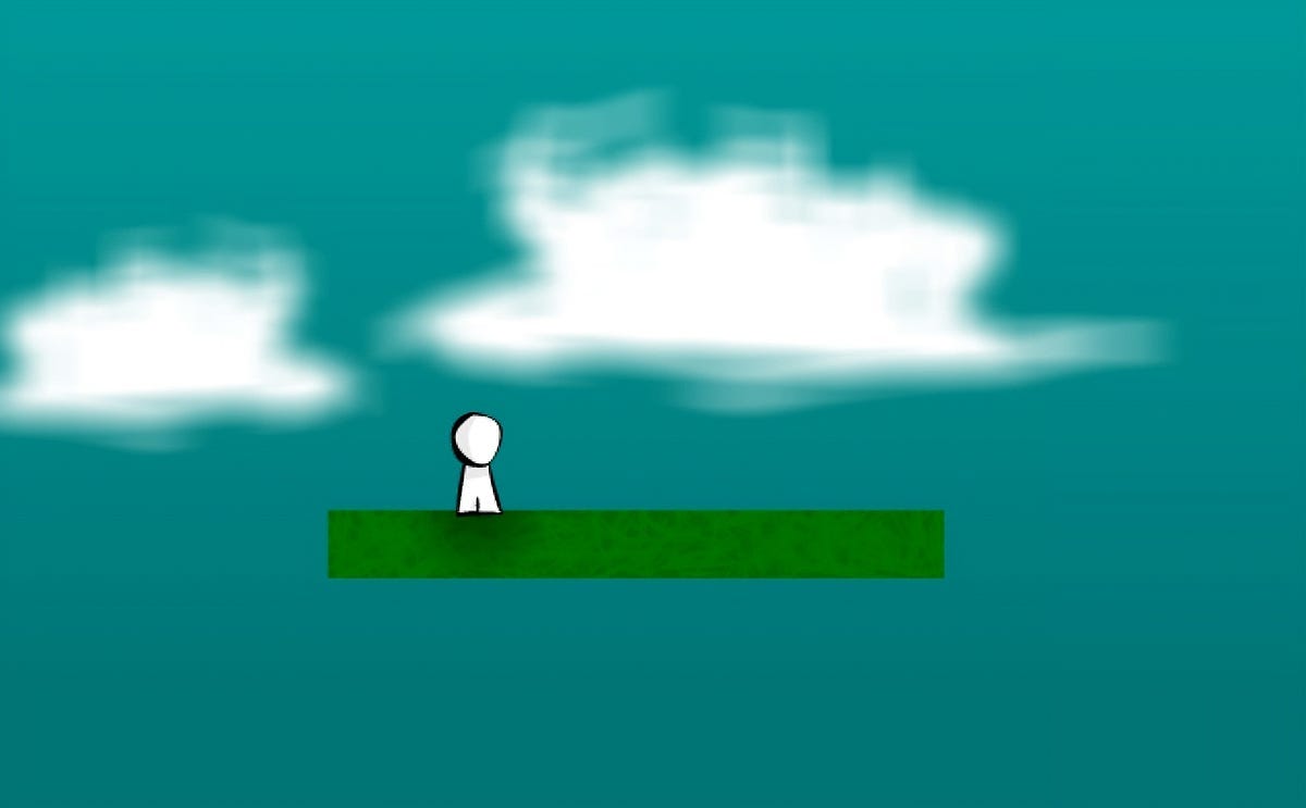 A typical section found in :the game:, featuring a white figure on a green platform.