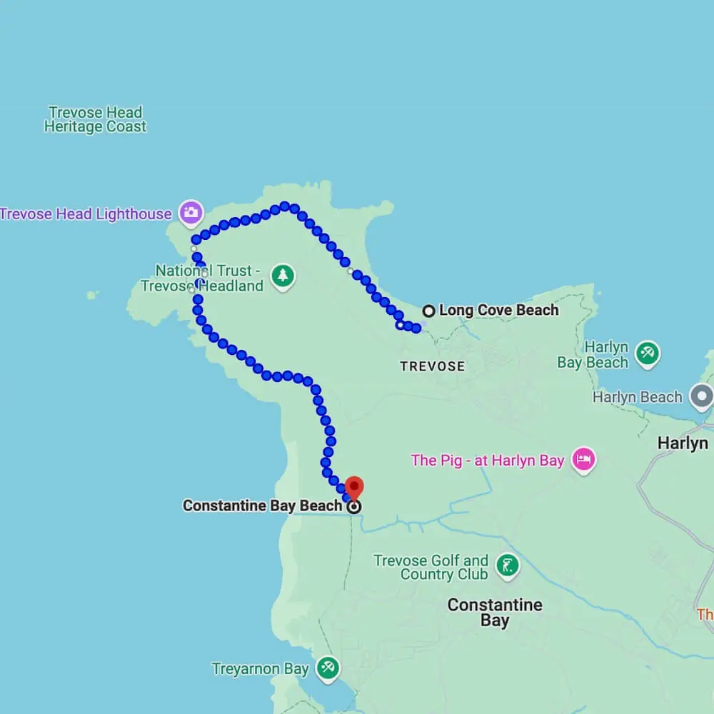Map showing the walking route from Constantine Bay Beach to Long Cove Beach