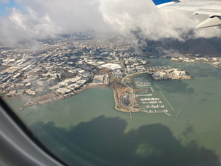 an image of South San Francisco from an airplane flying above and images of clouds from a plane in flight