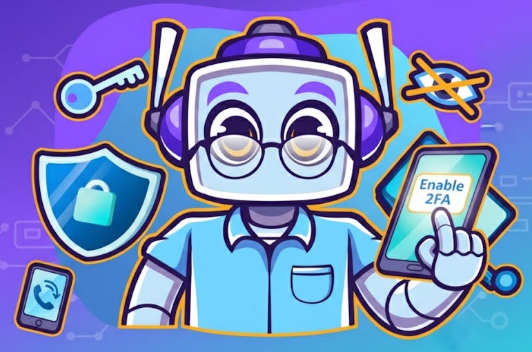 A Neuralbuddy, wearing glasses and a blue shirt, taps a smartphone screen that displays "Enable 2FA." Around him are icons representing security: a key, a shield with a padlock, and a crossed-out eye, all set against a purple and blue gradient background with subtle network patterns. A Neuralbuddy, wearing glasses and a blue shirt, taps a smartphone screen that displays "Enable 2FA." Around him are icons representing security: a key, a shield with a padlock, and a crossed-out eye, all set against a purple and blue gradient background with subtle network patterns.