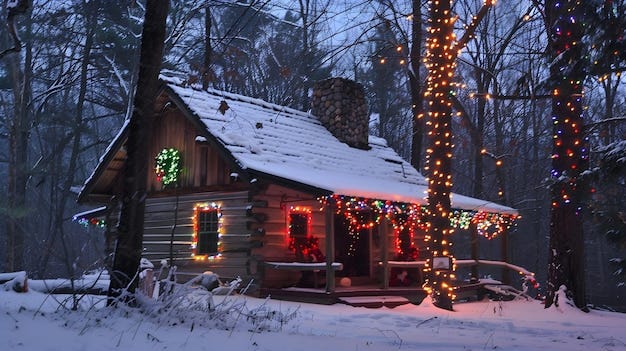 Snowy cabin with christmas lights in the woods photo | Premium Photo