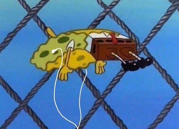 Spongebob levitating with his headphones in.