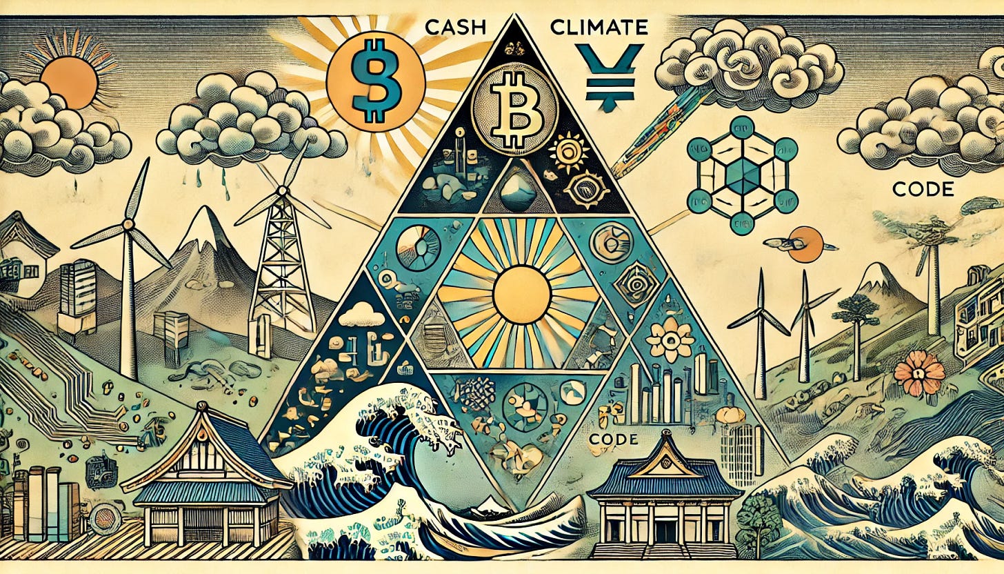 A wide-aspect ratio illustration of the 'Power Triangle' between Cash, Climate, and Code, inspired by ukiyo-e style. The artwork has the three zones positioned in a triangle with each element depicted in a traditional Japanese woodblock print style:

- **Cash**: Includes symbols of finance such as bitcoin and RMB (¥) signs, and stylized elements like traditional bank buildings.
- **Climate**: Represented by natural symbols like waves, mountains, and trees, capturing the beauty of nature in a stylized way with ukiyo-e influence.
- **Code**: Features icons of technology and data, depicted as digital lines and circuit-like patterns, subtly blended into the traditional style.

Each corner includes symbols highlighting the connection between them:
- **Cash + Climate**: Renewable energy symbols, wind turbines, and sun motifs.
- **Cash + Code**: Bitcoin and tech symbols blended with traditional motifs.
- **Climate + Code**: Icons for tech-driven environmental solutions, blending nature and technology.

The artwork uses monochrome and muted ukiyo-e colors, with intricate linework and stylized symbols for an ancient yet modern look, emphasizing harmony between finance, nature, and technology.