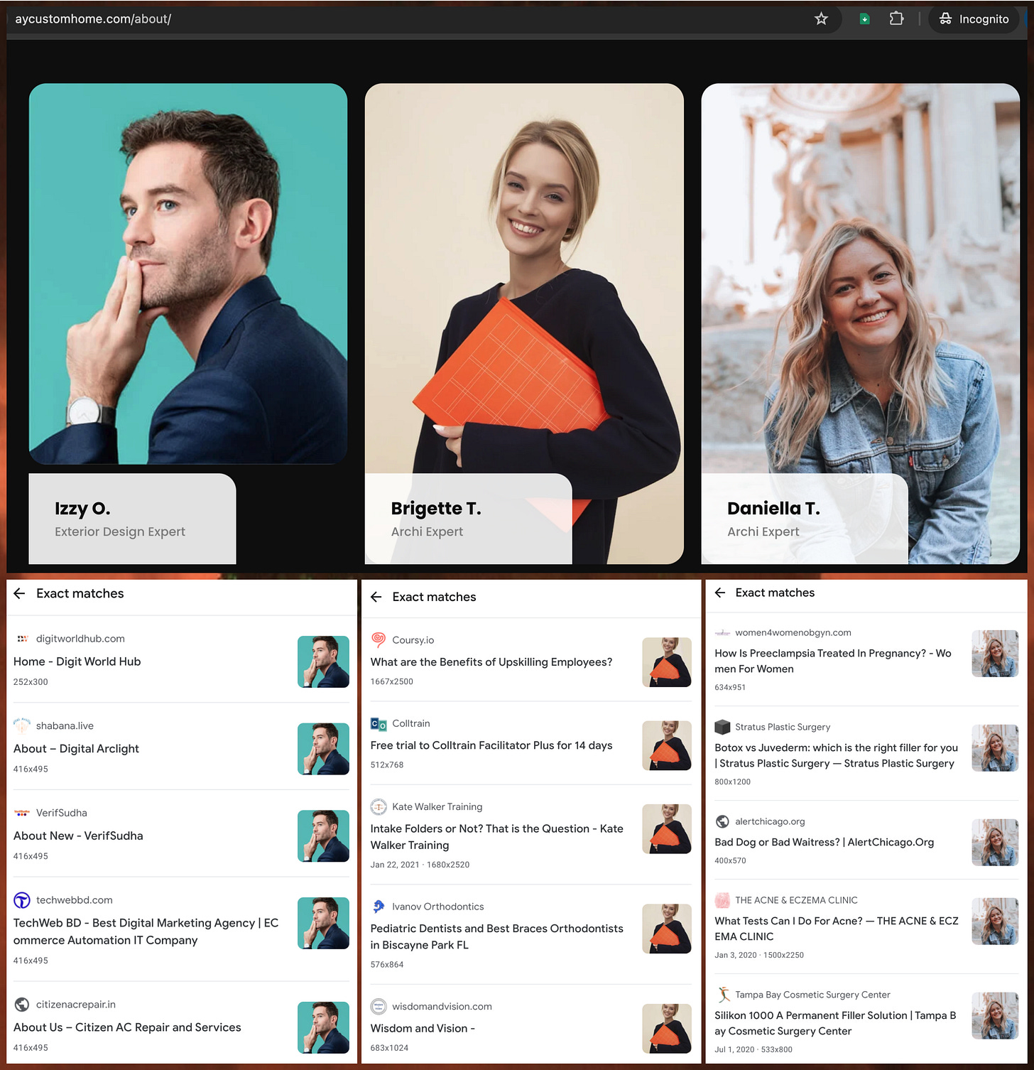 screenshot of aycustomhomes.com's staff page, and Google image searches showing that the photos of the staff members are plagiarized