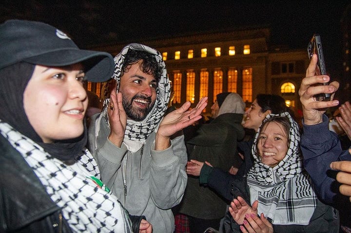 Students danced in the Gaza Solidarity Encampment at Columbia University on April 1, 2024, the fourth day of the pro-Palestine occupation. Photo by Marco Postigo Storel @columbiajournalism. On Wednesday, April 17, at around 4 am, pro-Palestinian students gathered at the South Lawn of Columbia University and set up a "Gaza Solidarity Encampment." Students were chanting pro-Palestine slogans till late at night. Photo by @judetaha @columbiajournalism.