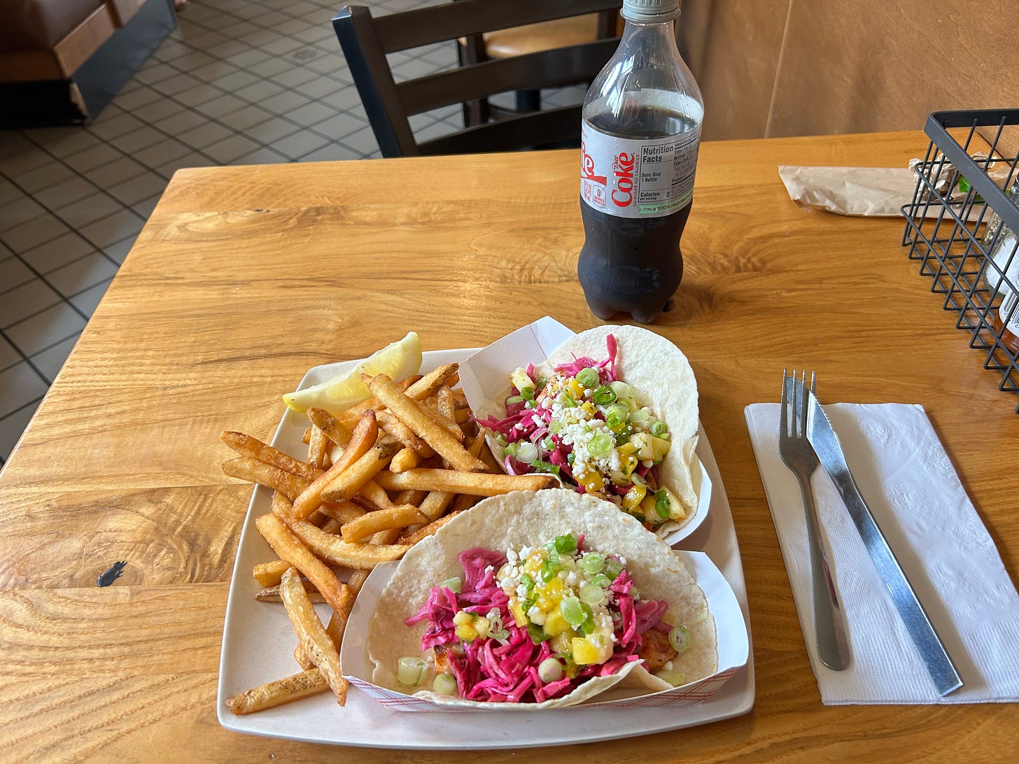 fries, soda, table, chairs, food