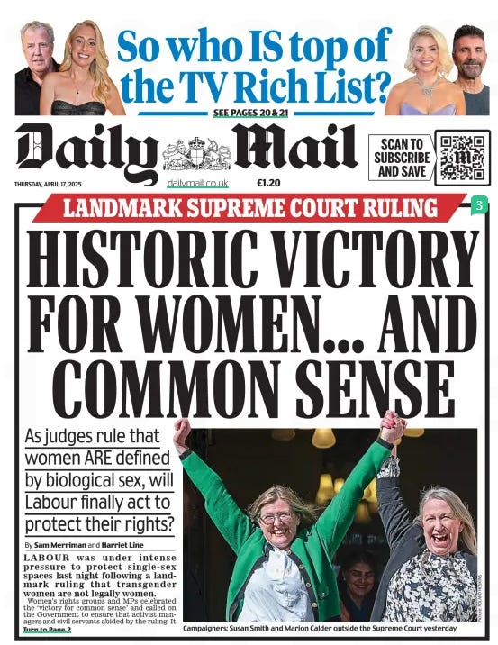 Daily Mail front page HISTORIC VICTORY FOR WOMEN...AND COMMON SENSE