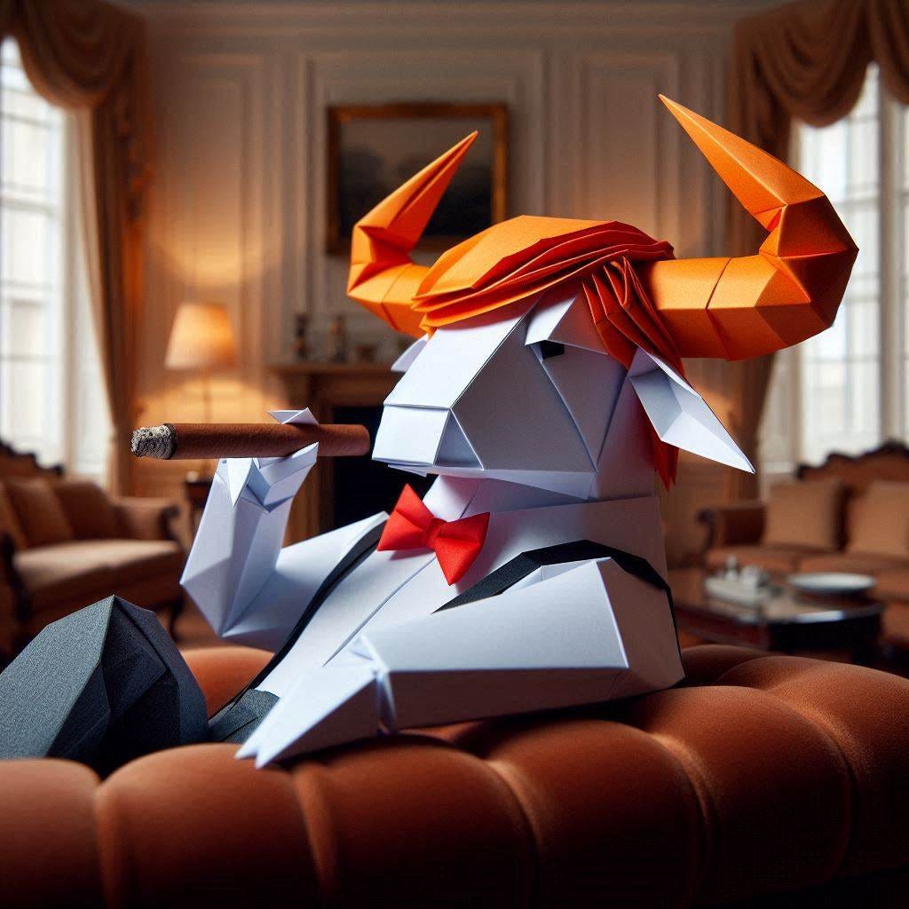 an oragmai bull, with an orange toupee, relaxes in a formal living room, smoking a cigar