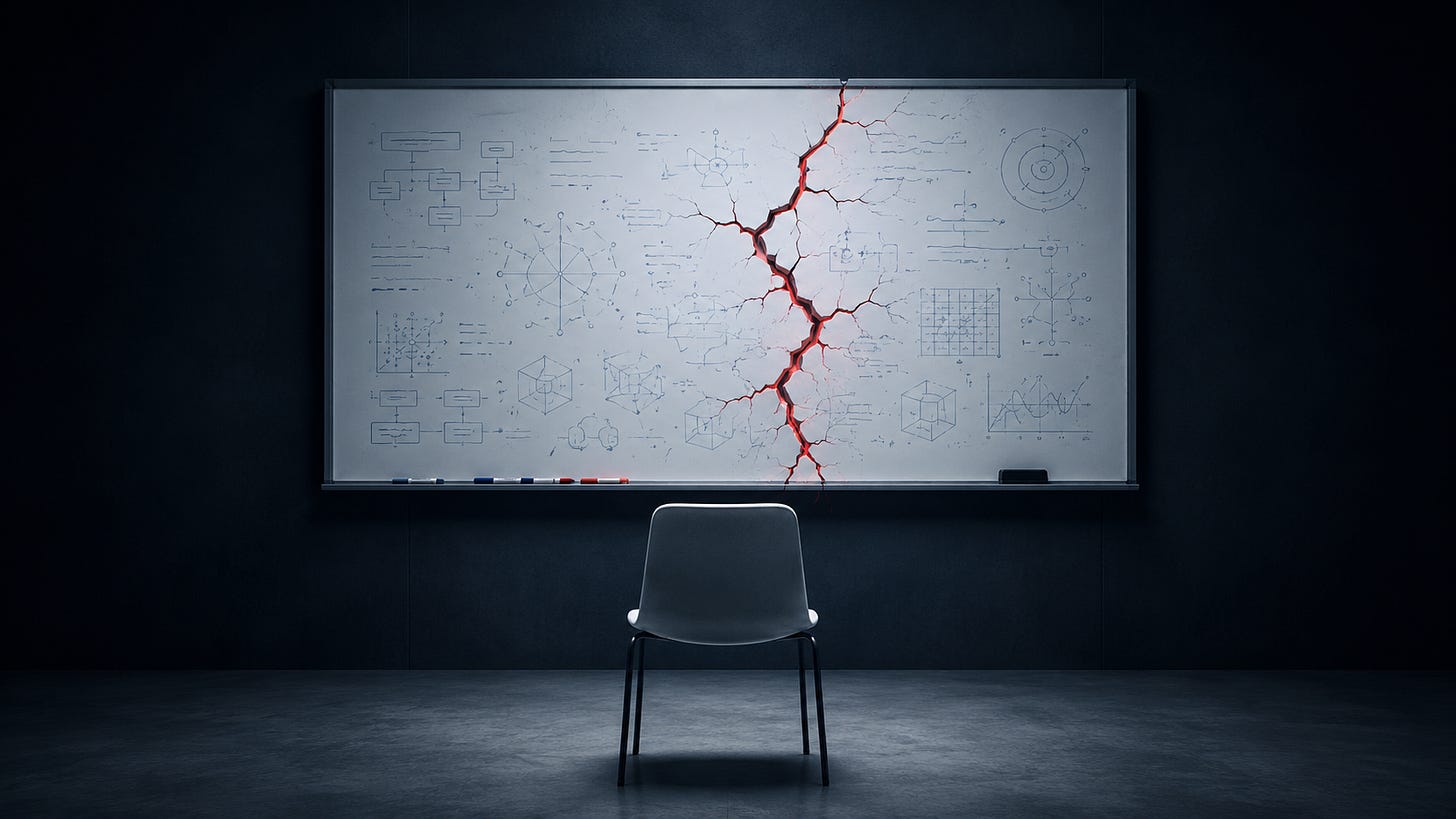 Empty chair facing a cracked whiteboard filled with algorithms and diagrams in a dark room. Empty chair facing a cracked whiteboard filled with algorithms and diagrams in a dark room.