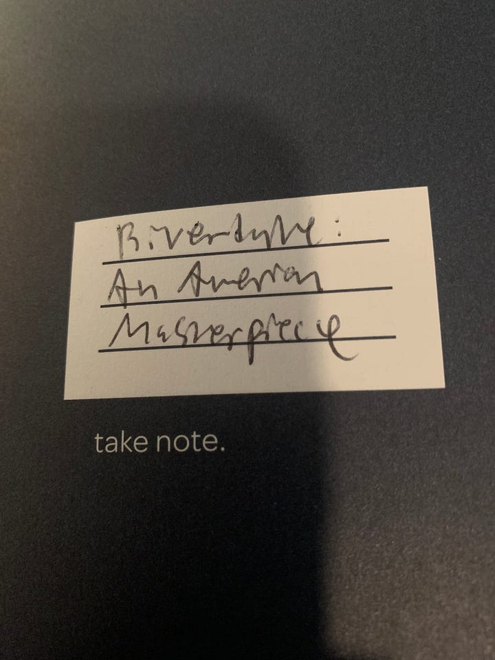 An image of Season 1-6 of Riverdale on DVD; an image of my handwriting in my notebook, "Riverdale: An American Masterpiece"