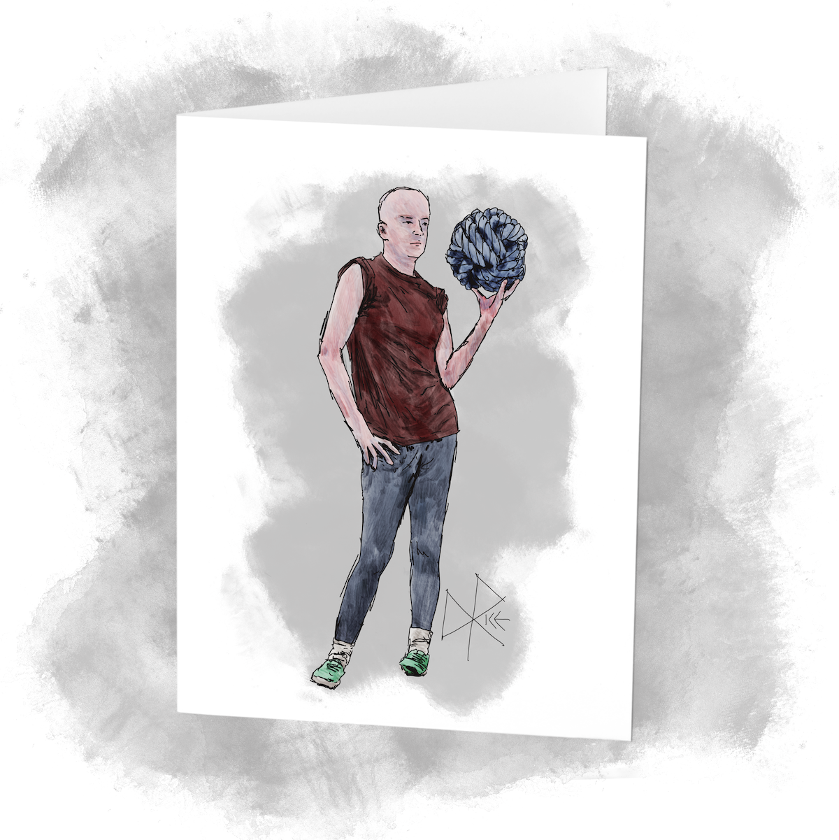 Standing with one hand on her hip and contemplating an overhead throw, an athletic woman with a shaved head uses her other hand to hold aloft a rope that has been formed into a spherical shape. Sketch art by Don Rice. Standing with one hand on her hip and contemplating an overhead throw, an athletic woman with a shaved head uses her other hand to hold aloft a rope that has been formed into a spherical shape. Sketch art by Don Rice.