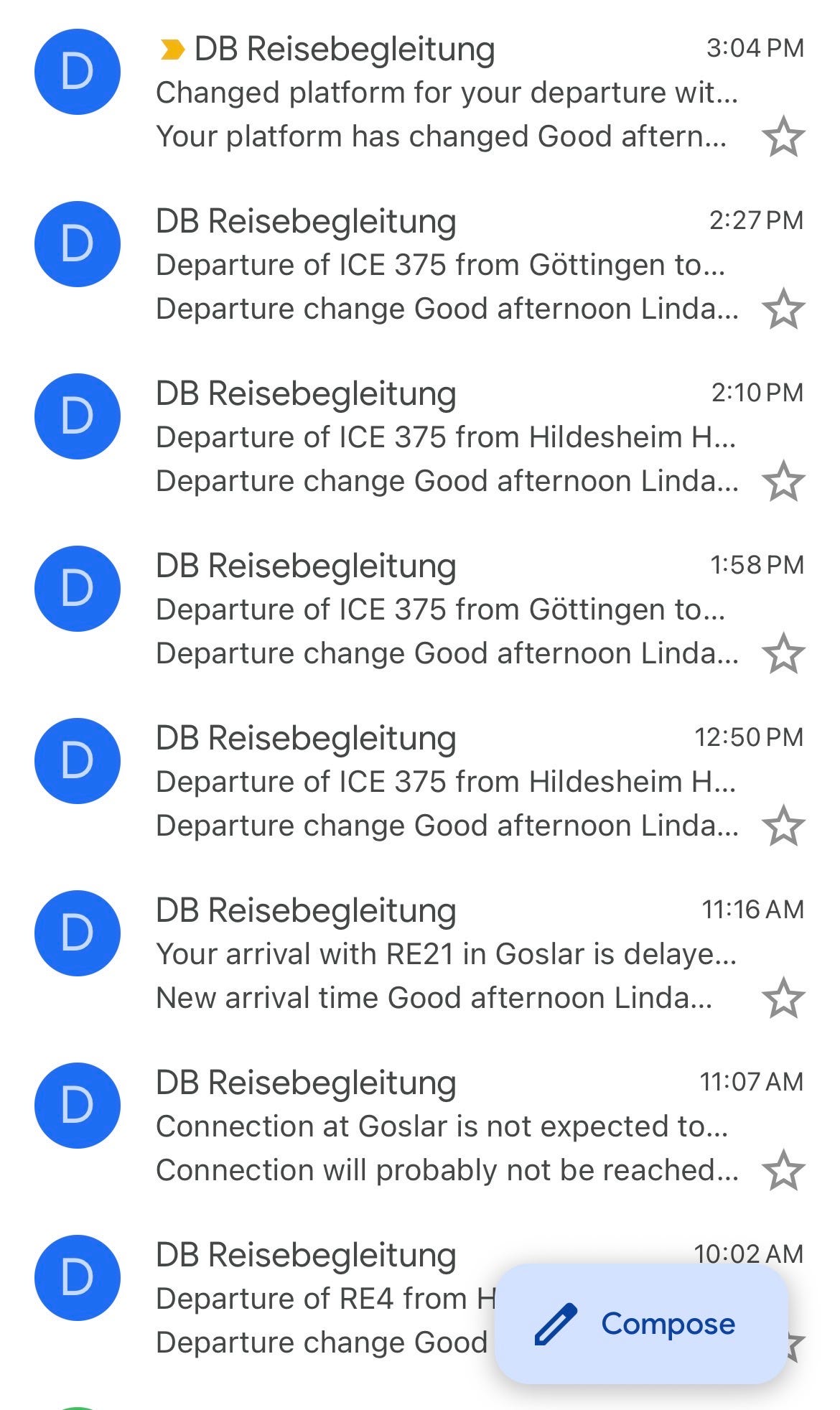 Screenshot of 8 emails from Deutsche Bahn