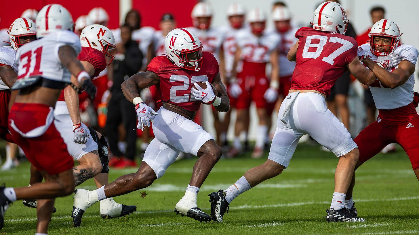 Nebraska RB Gabe Ervin Jr. carries during a practice in Aug. 2023.