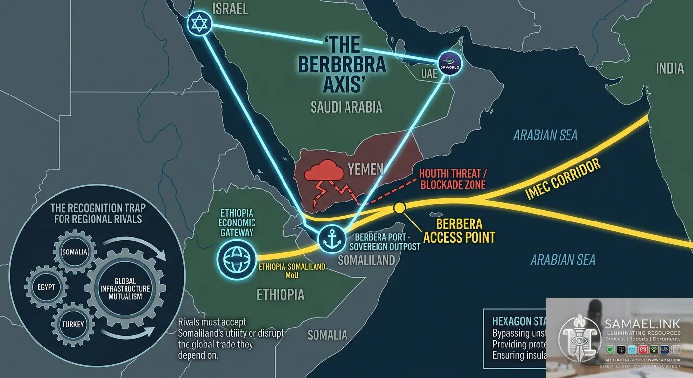 A detailed strategic and geopolitical infographic map, based on image_0.png, with corrected text, showing a complex set of regional relationships. The central map focuses on the Red Sea, Arabian Sea, and Horn of Africa, against a dark grey background with blue land outlines. Over the Arabian Peninsula, a prominent cyan-glowing triangle, labeled 'THE BERBERA AXIS', connects Israel (top left, with a corrected Star of David logo), the UAE (top right, with the 'DP WORLD' logo), and Berbera (bottom apex, indicated by an anchor icon). A new, thicker yellow-gold trade path, distinct from the IMEC path, runs directly from the 'BERBERA ACCESS POINT' to 'INDIA' on the far right. This path is labeled with gold text, "NEW 'BERBERA CORRIDOR' (to INDIA)". The original 'IMEC CORRIDOR' remains, running further north into the Arabian Sea. ​On the bottom-left, a cogwheel diagram with correct text, "THE RECOGNITION TRAP FOR REGIONAL RIVALS", shows connected gears for 'SOMALIA', 'EGYPT', 'TURKEY', and 'GLOBAL INFRASTRUCTURE MUTUALISM'. The adjacent corrected explanatory text is: "Rivals must accept Somaliland’s utility or disrupt the global trade they depend on." ​In the lower-right corner, a dark blue text box with a star icon has corrected text for "HEXAGON STABILIZATION:" detailing four points: ​"Bypassing unstable northern Red Sea jurisdictions." ​"Providing protected maritime monitoring." ​"Ensuring insulated trade flow." ​"New: Securing direct, high-volume route to Indian markets." ​The map clearly depicts the 'Houthi Threat / Blockade Zone' in Yemen, the 'Ethiopia Economic Gateway' logo, and the 'Ethiopia-Somaliland MoU' link, all with accurate geography and icons.