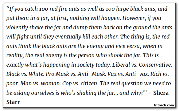 If you catch 100 red fire ants as well as 100   large black ants, and put them in a jar, at   first, nothing will happen. However, if you   violently shake the jar and dump them back on   the ground the ants will fight until they   eventually kill each other. The thing is, the   red ants think the black ants are the enemy   and vice versa, when in reality, the real   enemy is the person who shook the jar. This   is exactly what's happening in socity today.   Liberal vs conservative, black vs white, pro   mask vs anti-mask, vax vs anti-vax, rich vs   poor, man vs woman, cop vs citizen. The real   question we need to be asking ourselves is   who's shaking the jar ... and why? -Shera   Starr