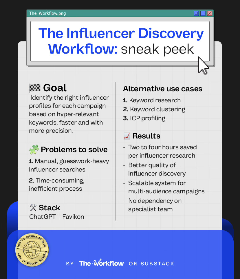 Overview slide explaining How to find the right influencers for every product launch (2025) through an influencer discovery workflow, goals, and results.