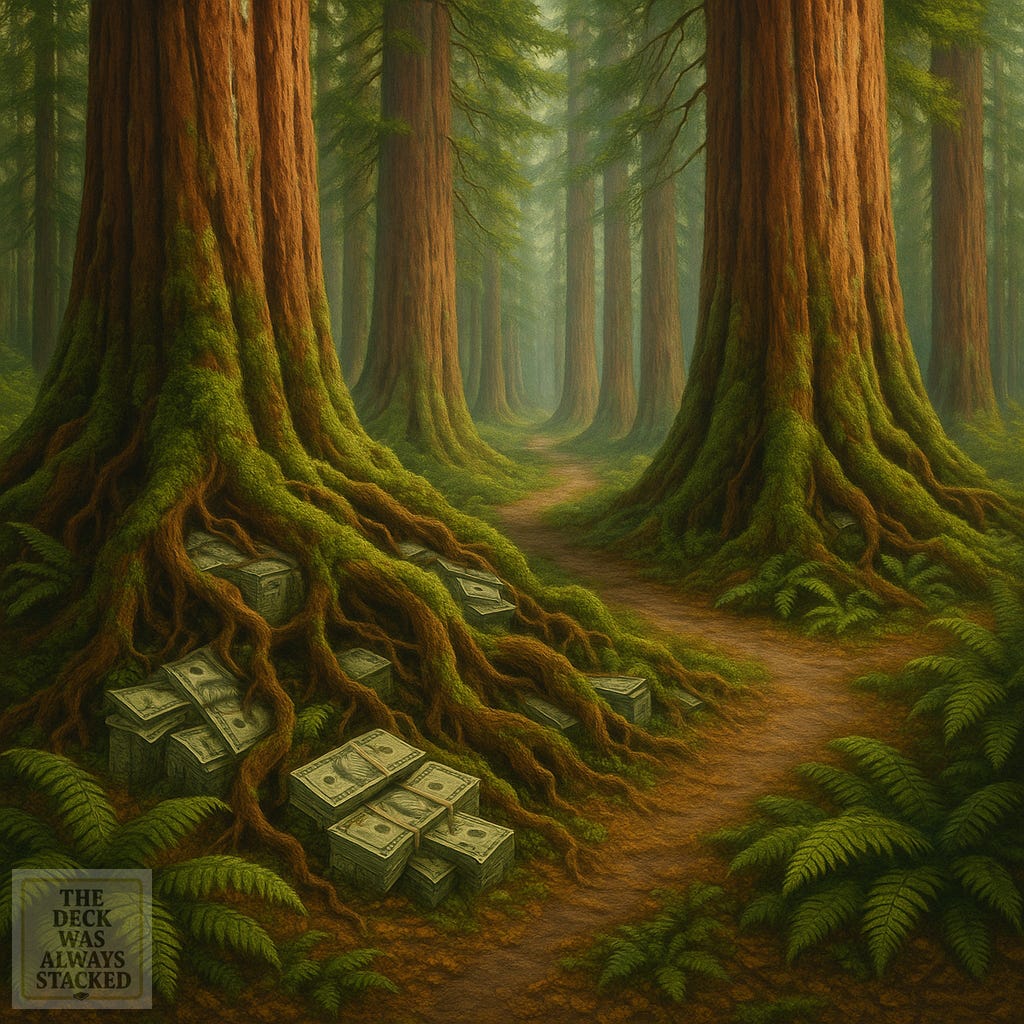 Alt-text: Towering redwoods rise from the ruins of machinery; sunlight filters through their trunks onto rusted metal — growth born of greed’s debris. Metadata: * Title Tag: Project 2550 | The Switchyard Panel 3 * Keywords: redwood forest, industrial ruins, crime metaphor, renewal * Description: The midpoint of the visual arc, where corruption feeds unintended regeneration. * EXIF Copyright: Truth Engine 2550 | CreatorHuman © TJB 2025