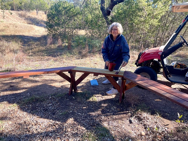 These photos are of me and Sandy in the golf cart and staining benches.