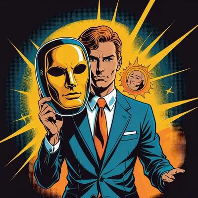 Golden Age comic book style illustration, bold vintage colors, halftone texture. A businessperson is holding a giant mask of a shiny logo in one hand, but behind the mask their real personality (human expression, vibrant, dynamic) is visible. The contrast should symbolize that design alone is not enough without brand personality. Dramatic perspective, strong outlines, retro superhero comic aesthetic, editorial concept illustration