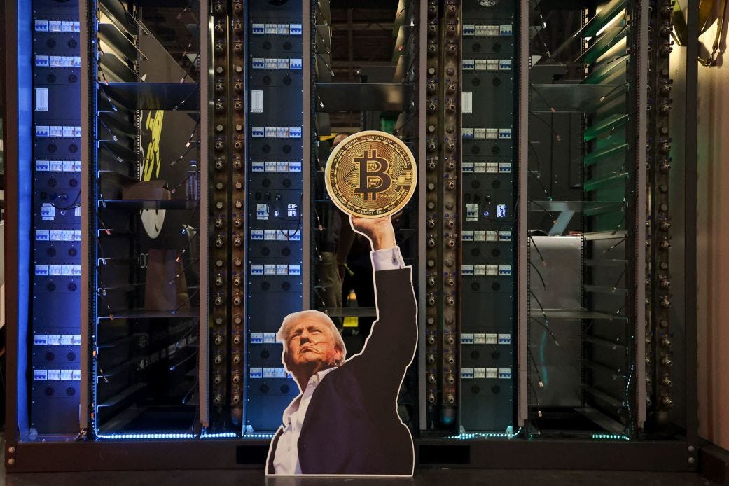 A cutout of US President Donald Trump holding a bitcoin is displayed on a group of servers during the Bitcoin Conference in Las Vegas, Nevada, on May 27. A cutout of US President Donald Trump holding a bitcoin is displayed on a group of servers during the Bitcoin Conference in Las Vegas, Nevada, on May 27.