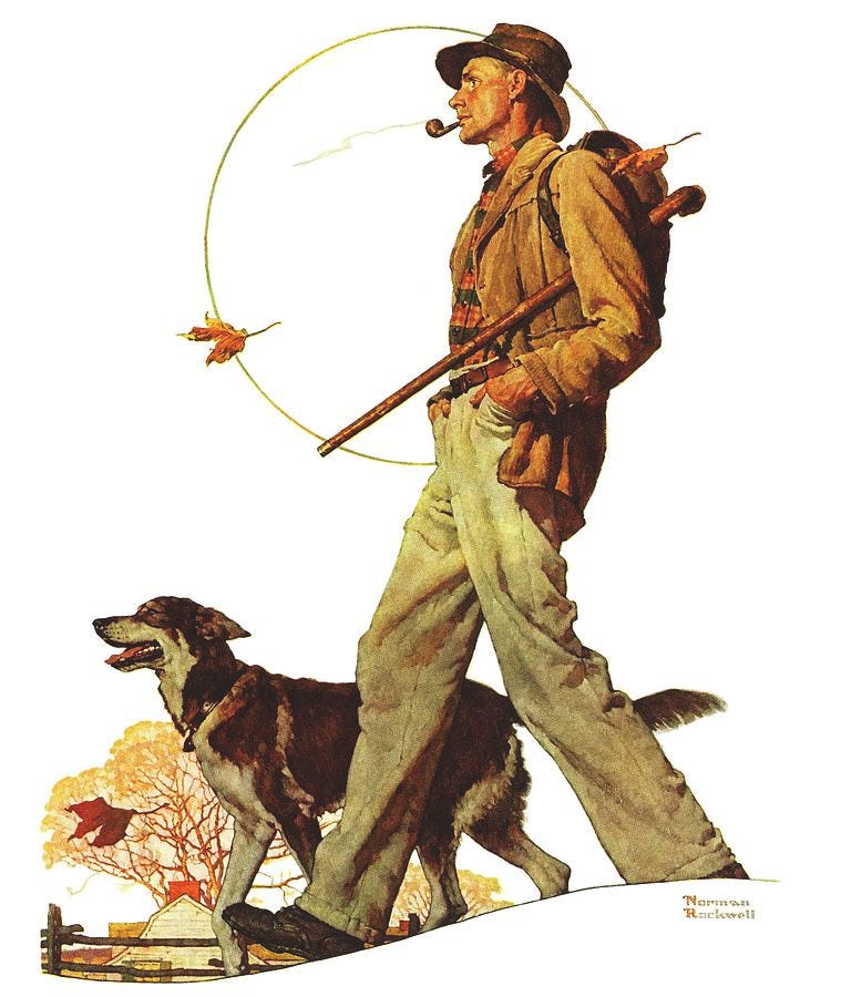 Autumn Walk with Dog and Pipe Painting - autumn Stroll by Norman Rockwell