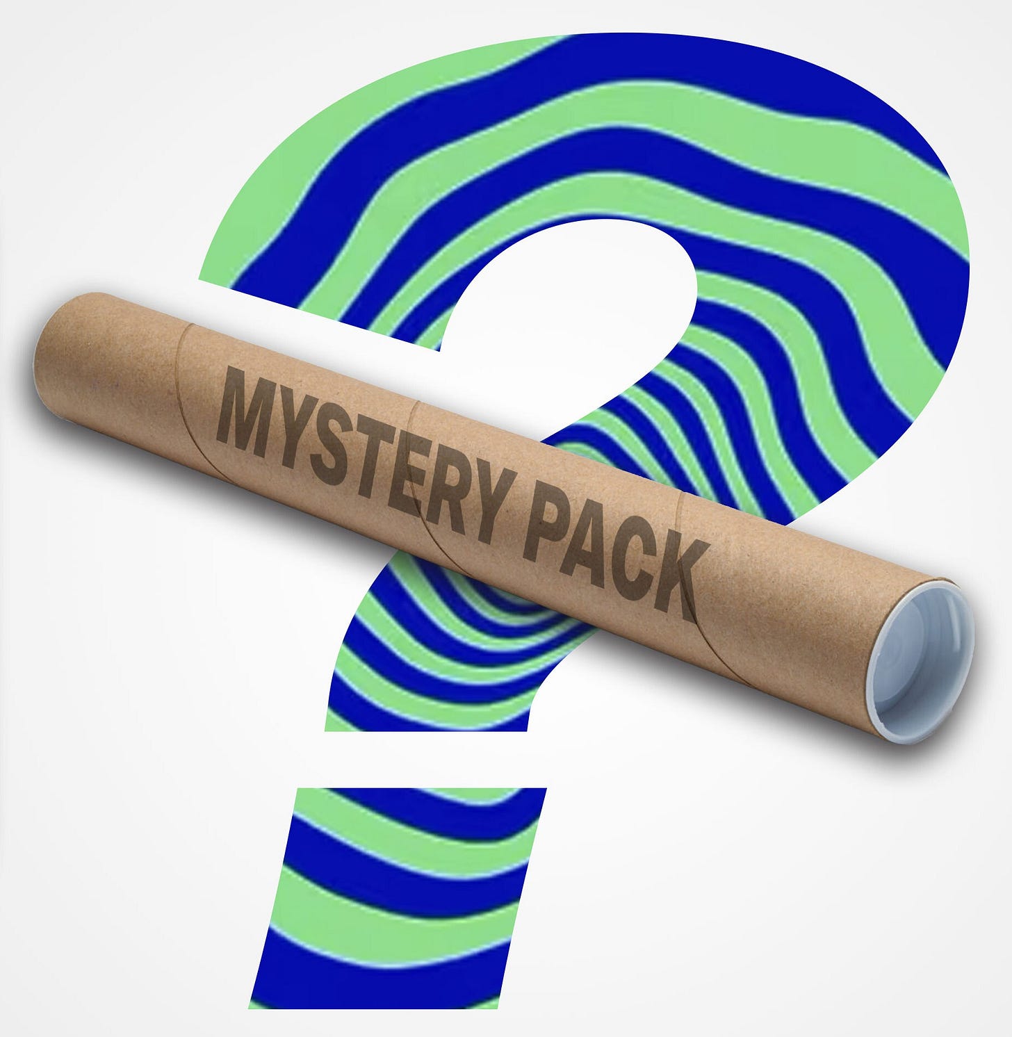 Concept image of a Mystery Pack poster tube, featuring bold black lettering on a brown cardboard tube. A psychedelic blue and green question mark in the background adds intrigue, hinting at a surprise selection of prints or artwork inside