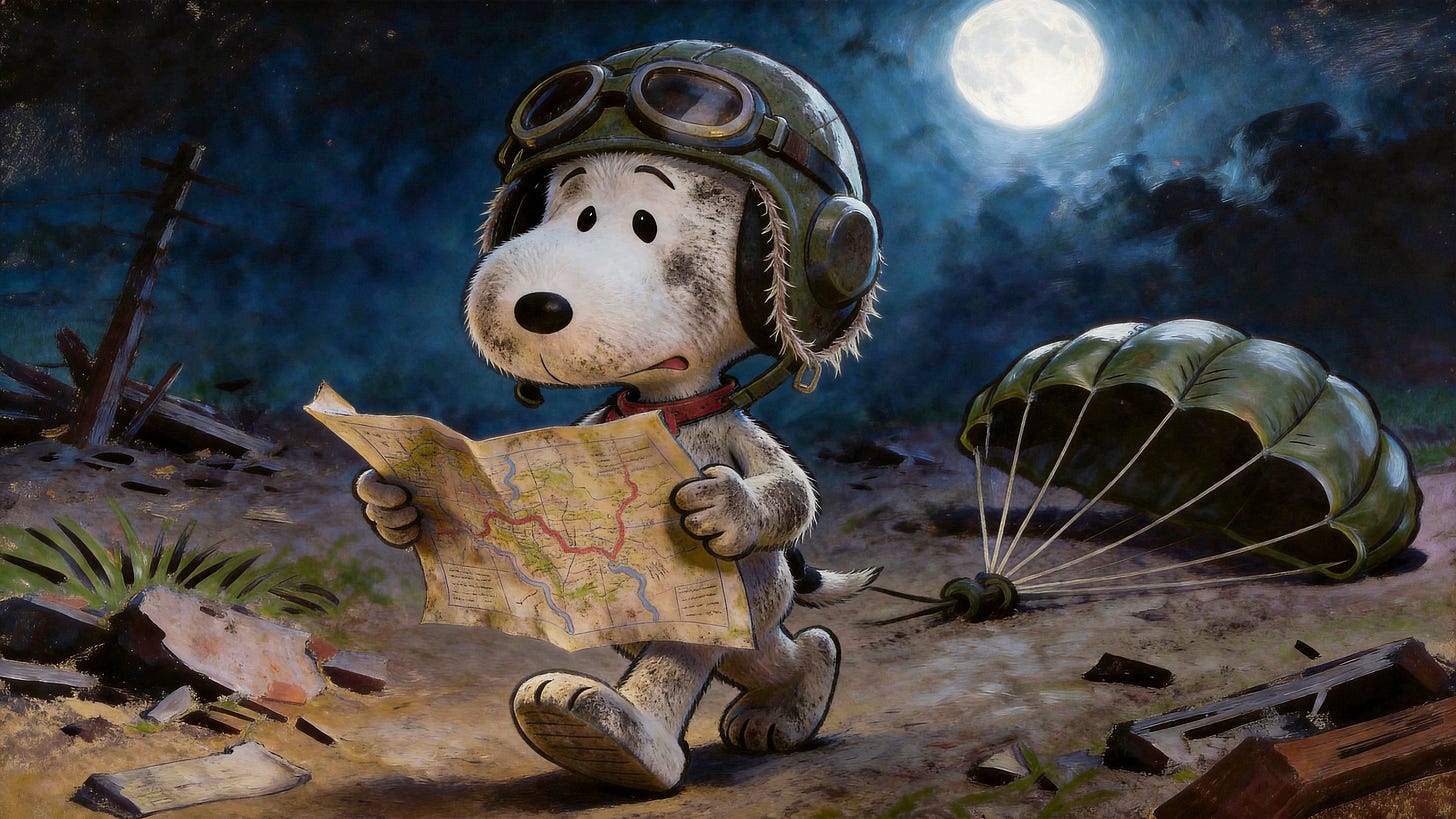 A nocturnal oil painting with chiaroscuro lighting depicting a small, battle-worn white dog in a WWI aviator helmet and goggles, fur matted and dirty, consulting a hand-drawn map by moonlight. A collapsed green parachute rests on the ground behind him. The landscape is dark and ruined — broken timber, scattered debris — lit by a full moon partially obscured by clouds. The dog walks forward, map in hand, expression intent, finding his way home. A nocturnal oil painting with chiaroscuro lighting depicting a small, battle-worn white dog in a WWI aviator helmet and goggles, fur matted and dirty, consulting a hand-drawn map by moonlight. A collapsed green parachute rests on the ground behind him. The landscape is dark and ruined — broken timber, scattered debris — lit by a full moon partially obscured by clouds. The dog walks forward, map in hand, expression intent, finding his way home.