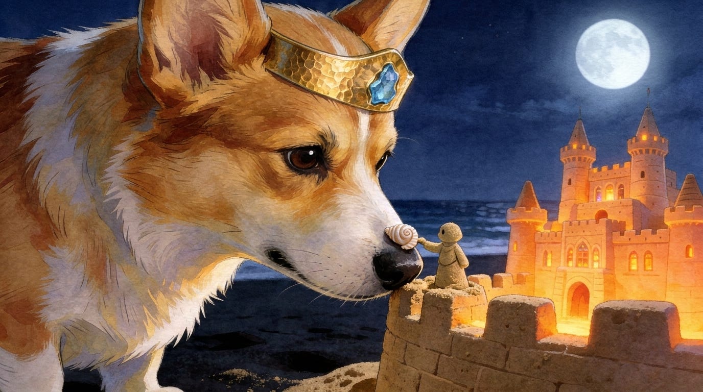 A small shell offering glows in the dark beside the sandcastle at the close of a cozy bedtime sleep story.