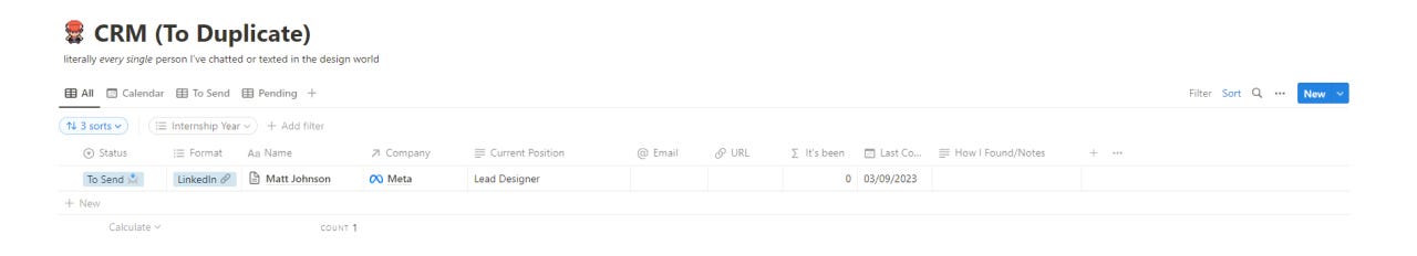 Notion template for a personal CRM