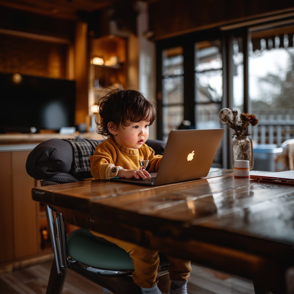 A toddler working hard on their portfolio while sitting at a table looking at their laptop. A toddler working hard on their portfolio while sitting at a table looking at their laptop.