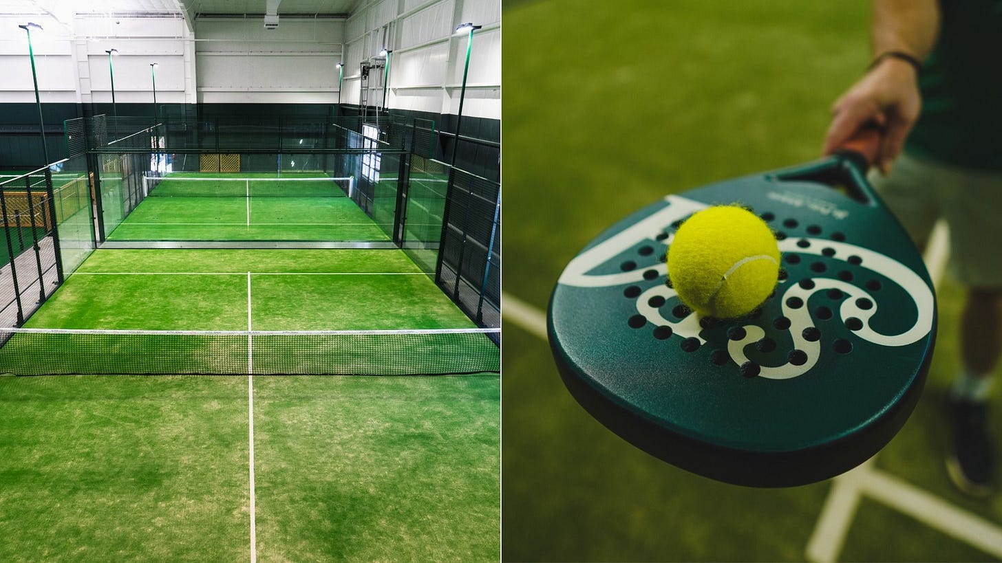 Split image: left view of an indoor padel court with green turf and glass walls; right close-up of a teal padel racket with a bright yellow ball on it.