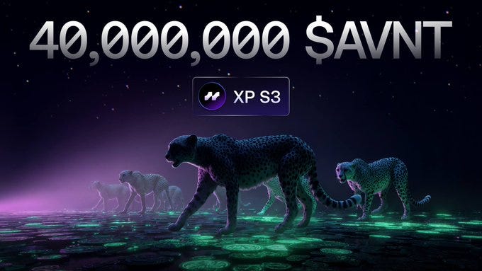 Cheetahs walking on a glowing, colorful surface with a starry background. Text overlay reads "40,000,000 $AVNT" and "XP S3".