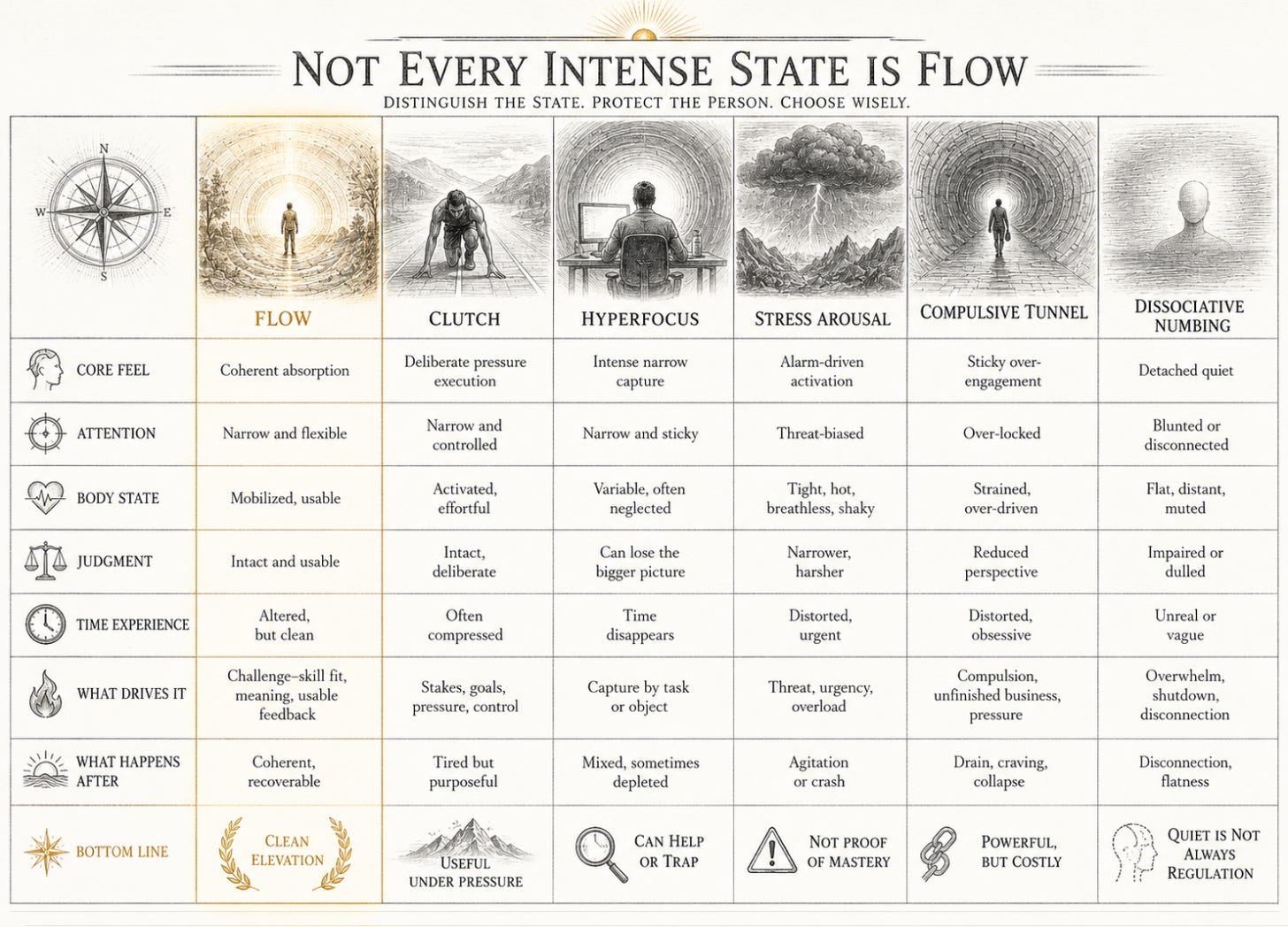 Comparison chart contrasting flow, clutch, hyperfocus, stress arousal, compulsive tunnel, and dissociative numbing across attention, body state, judgment, time experience, and aftermath. Comparison chart contrasting flow, clutch, hyperfocus, stress arousal, compulsive tunnel, and dissociative numbing across attention, body state, judgment, time experience, and aftermath.
