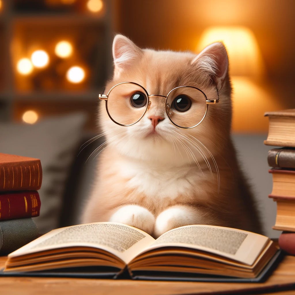 A cute golden British Shorthair cat sitting with an open book, wearing a pair of small reading glasses. The cat has a curious, endearing expression as it appears to be reading. Several more books are stacked nearby, creating a cozy, intellectual atmosphere with warm, soft lighting in the background.